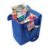 A blue non-woven cooler bag filled with various groceries, including drinks, dairy, and frozen food.