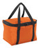 An orange cooler bag with a zippered top and black straps. It has a rectangular shape and sturdy handles.