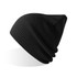 A black ribbed beanie featuring a slouchy design and a small logo.