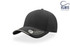 A black cap with a curved visor, featuring a logo and a two-tone design. Suitable for headwear promotions.