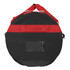 A medium black waterproof gear bag with red straps and a branding logo, featuring a circular design and carry handle.