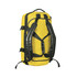 A yellow waterproof gear bag with black straps, featuring adjustable shoulder straps and a logo.