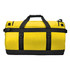 A yellow waterproof gear bag with black straps and a handle, featuring external buckles. It has a logo.
