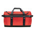 A medium waterproof gear bag in bright red with black straps and accents, featuring adjustable handles and a logo.