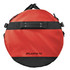 A round, red and black waterproof gear bag featuring handles and adjustable straps, with a logo visible.