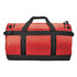 A waterproof gear bag in red and black with dual handles and adjustable straps. It includes a logo.