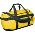 A medium waterproof gear bag in bright yellow with black straps and accents. It features a logo on the side.