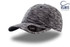 A black and grey textured cap with a rounded visor and a logo on the side.