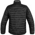 A black puffer jacket with a quilted design and a logo on the collar.