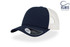 A navy trucker cap with a white mesh back, featuring a branded logo on the side.