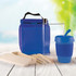 A blue picnic pack with a drink bottle, a reusable cup, cutlery, and containers, all in various shades of blue.