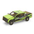 A wooden model of a UTE in green and black, featuring a logo, showcasing intricate details and design.