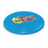 A blue frisbee with a logo, featuring vibrant graphic elements in yellow, red, and black.