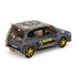 A wooden model car in grey with yellow accents, featuring design elements related to auto repair and a logo.