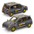 A wooden model of a hatchback car in grey and yellow, featuring a logo and various detailing designs.