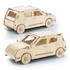 A wooden model of a hatchback car, featuring a natural wood finish with detailed engravings and wheels.