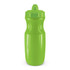 A drink bottle in bright green with a push-top lid and a curved body design. It features a logo on the surface.