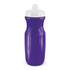 A drink bottle in purple with a white screw top lid and textured grip for easy handling. It features a logo.