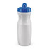 A drink bottle in white with a blue lid and a branded design, featuring a squeeze top for easy use.