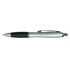 A metal pen in silver with a black grip and a clip for easy attachment, featuring a logo.