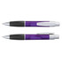 A purple plastic pen with a silver clip and black grip, featuring a logo on the barrel.