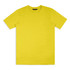 A bright yellow unisex t-shirt with short sleeves, featuring a simple design and a logo on the label.