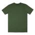 A green unisex T-shirt with short sleeves, featuring a minimalist design and a branded label.