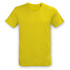 A bright yellow unisex T-shirt with a round neckline and short sleeves, featuring a logo.