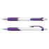 A white plastic pen with purple accents, featuring a rubber grip and a chrome clip, showcasing a sleek design.