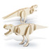 A wooden model of a Tyrannosaurus Rex in a natural finish, featuring articulated joints and a logo.