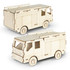 A wooden model of a fire truck in natural wood colour, featuring detailed carvings and a simple design.