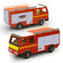 A wooden model of a fire truck in red and yellow, featuring a logo, with detailed cut-out windows and wheels.