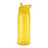 A drink bottle in bright yellow with a straw and a flip-top lid, featuring a logo.