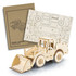 A wooden model of a wheel loader in natural wood colour, featuring detailed parts and packaging for assembly.