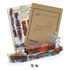 A colourful wooden model of a cargo ship in a buildable kit, featuring a design with rust tones and a branding logo.