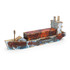 A wooden model of a cargo ship, featuring a vibrant design with colours of brown, blue, and white. It includes a logo.