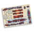 A wooden model kit for a cargo ship, featuring brown and grey pieces on a beige background, with a branding logo.