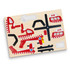 A wooden puzzle featuring red and black helicopter and ambulance pieces, designed for fun and games.