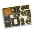 A wooden model kit with various pieces in dark brown and green, featuring Halloween-themed designs. Includes a branding logo.