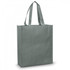 A grey tote bag with long handles and a simple design. It features a logo on one side.