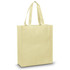 A yellow tote bag with two handles and a spacious design, featuring a logo on one side.
