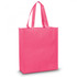 A bright pink tote bag with sturdy handles and a simple design, featuring a logo on one side.