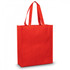 A red tote bag with two sturdy handles and a simple design. It features a logo on one side.