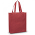 A red tote bag with two handles and a simple design, featuring a logo on one side.