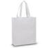 A white tote bag with two handles and a simple design. It features a branding logo.
