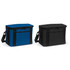Two cooler bags are displayed, one in blue and the other in black, both with zippers and side handles.