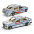 A wooden model of a sedan car in blue, featuring an airport shuttle service design and detailed cut-outs.