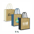 Three jute tote bags in beige, blue, and black, each featuring a logo on the front.