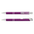 A metal pen set in a vibrant purple colour with silver accents and a logo on one side.