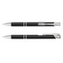 A black metal pen with silver accents, featuring a sleek design and a logo on the barrel.